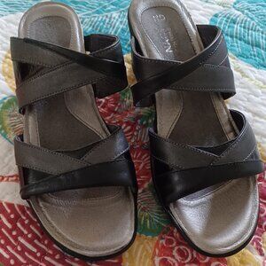 Naot, Black/Dark Grey, Leather Wedge Heel Sandals, Size 38, Excellent Condition